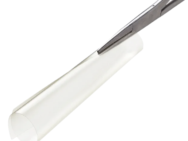 Seprafilm adhesion barrier being held by a pair of surgical tweezers