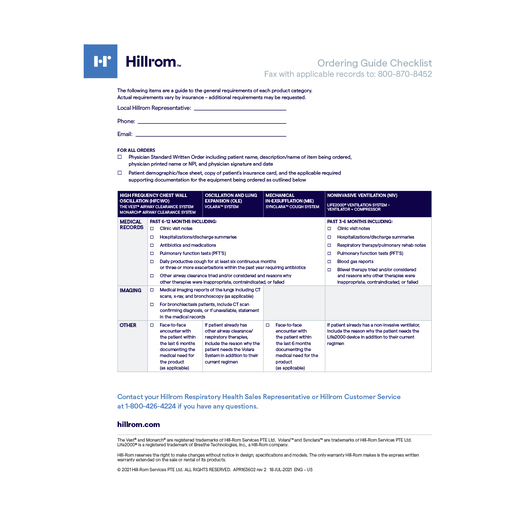 HILLROM ORDERING GUIDE CHCKLST