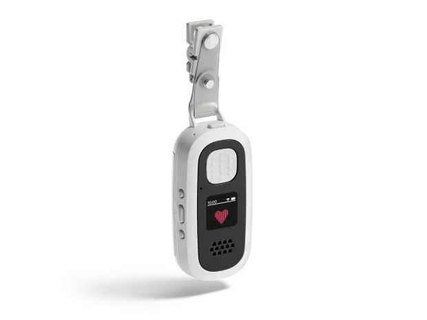 Voalte Linq device on a badge clip