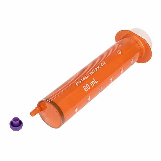 Oral / Enteral Syringe 60mL Amber. Tip Cap Included. Non Sterile