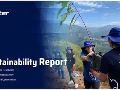 2025 Sustainability Report cover image, volunteers with mountains in the background