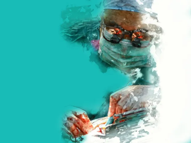 Teal background with art of a surgeon operating
