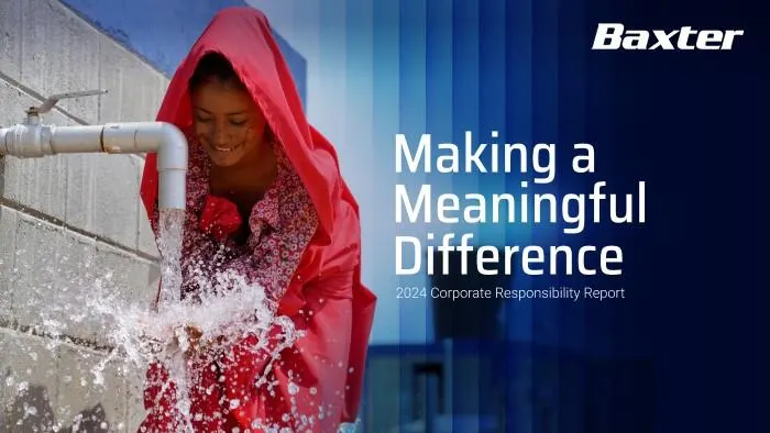 A woman washes her hands in an outdoor pump next to the words "Making a meaningful difference 2024 corporate responsibility report"