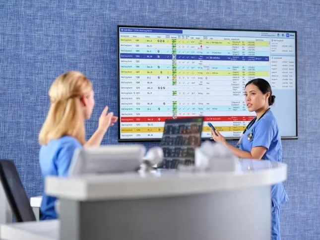 Two nurses discussing the Voalte Nurse Call Status Board