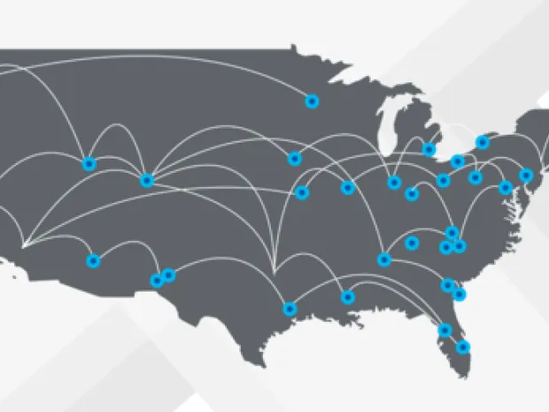 Map of the USA, showing the locations of the 38 IV fluid distribution centers