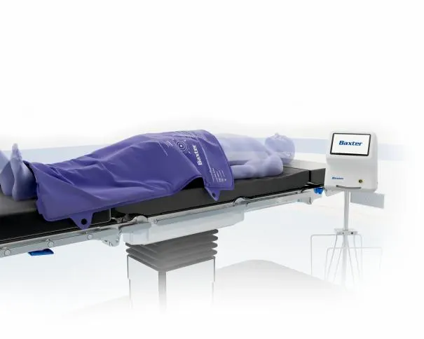 Rendering of a warming blanket warming a patient on an operating table