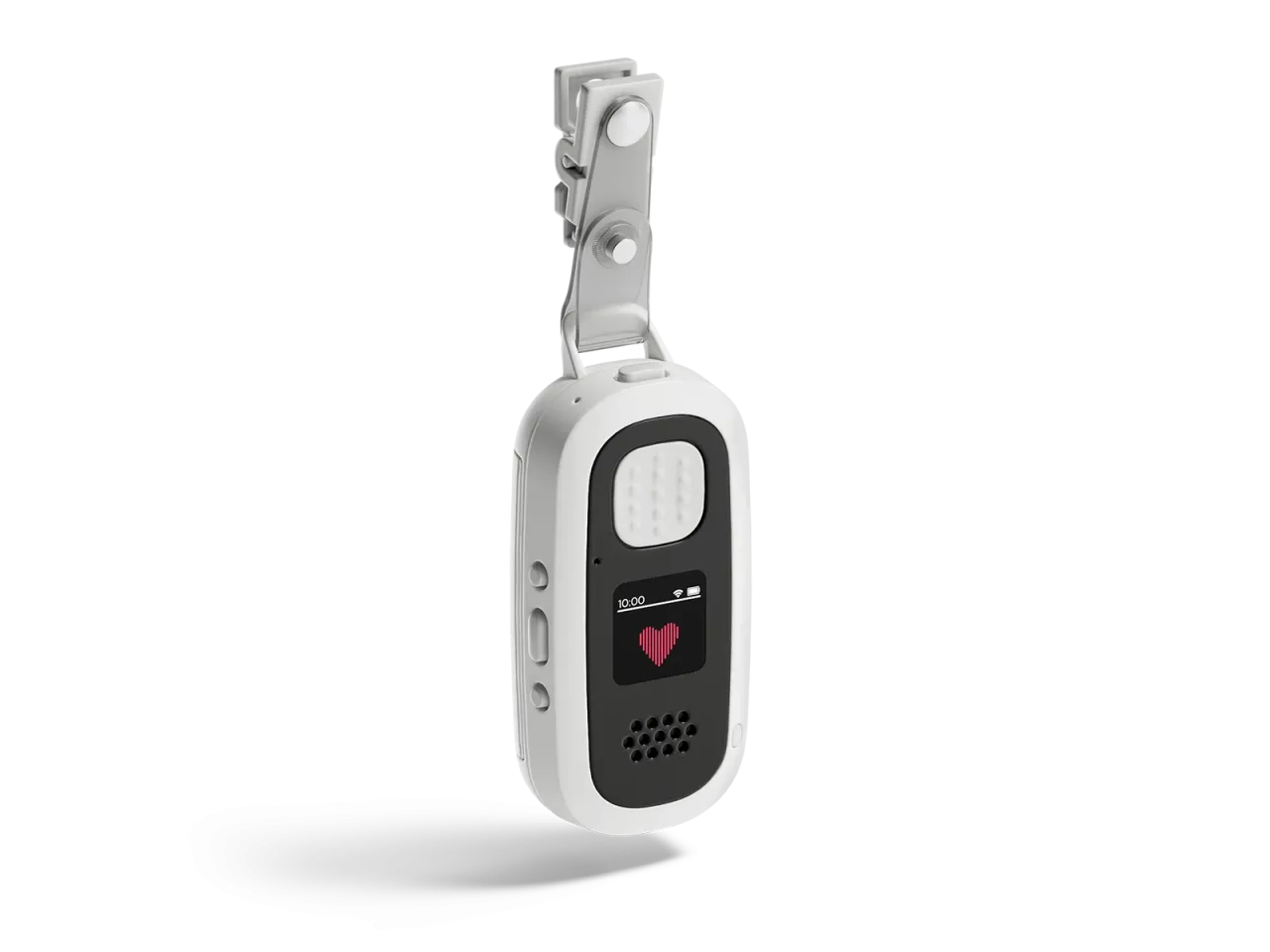 Voalte Linq device on a badge clip