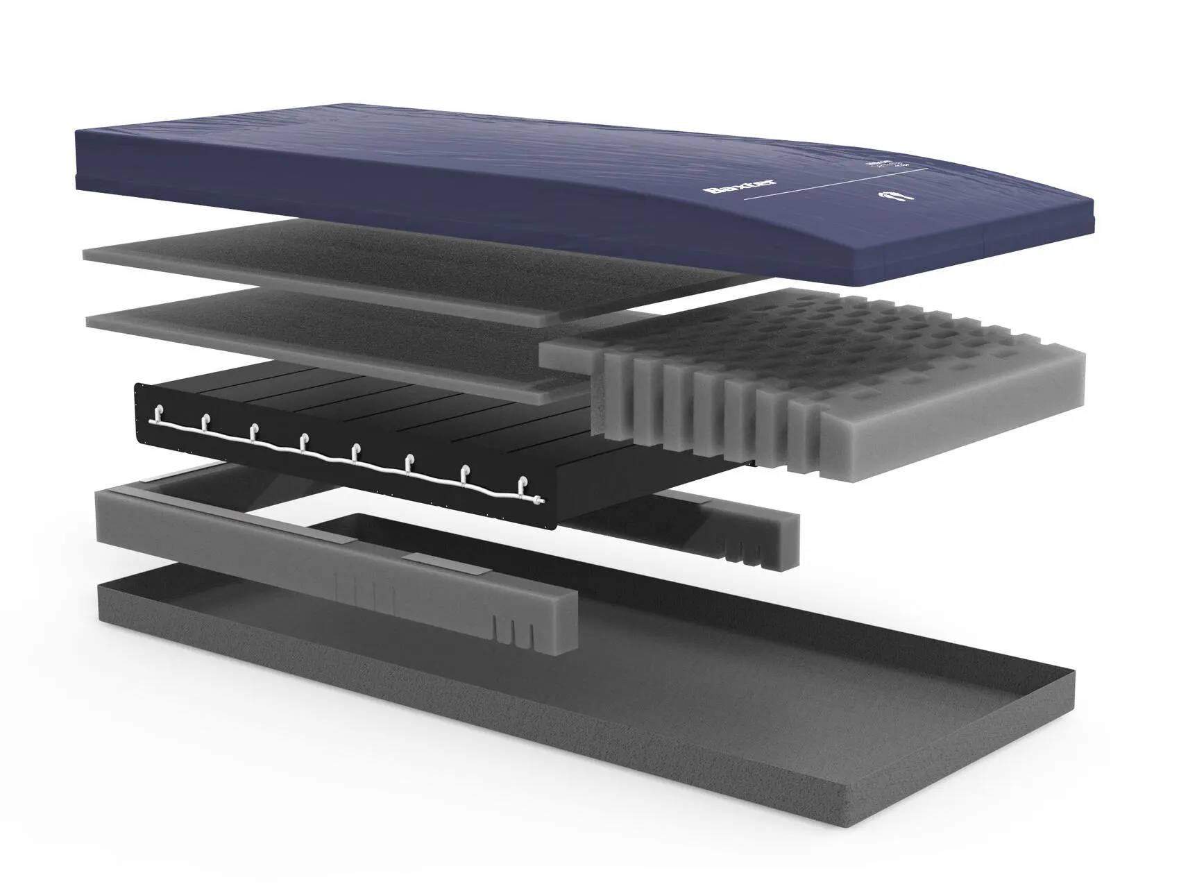 The layers of a bed surface showing the layers of cushioning and airflow
