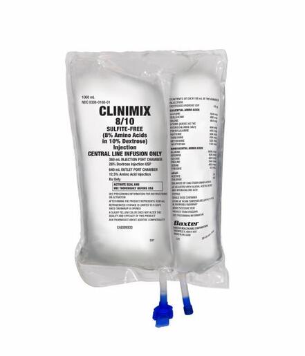 CLINIMIX 8/10 sulfite-free (8% Amino Acids in 10% Dextrose) Injection, 1000 mL in CLARITY Dual Chamber Container.