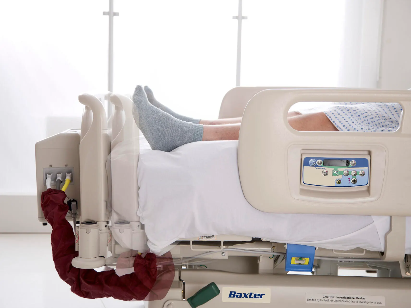 The extendable foot of a Compella bariatric bed for taller patients