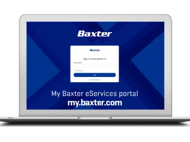 A laptop is shown with the My Baxter eServices portal sign in screen