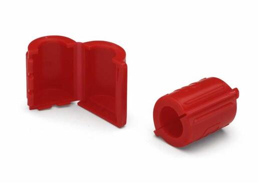 Tamper-Resistent Add-Port Cap. Red plastic hinged cap, sealed on one end.