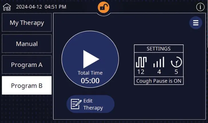 The Vest APX interface whowing the ability to program therapies and lock the screen