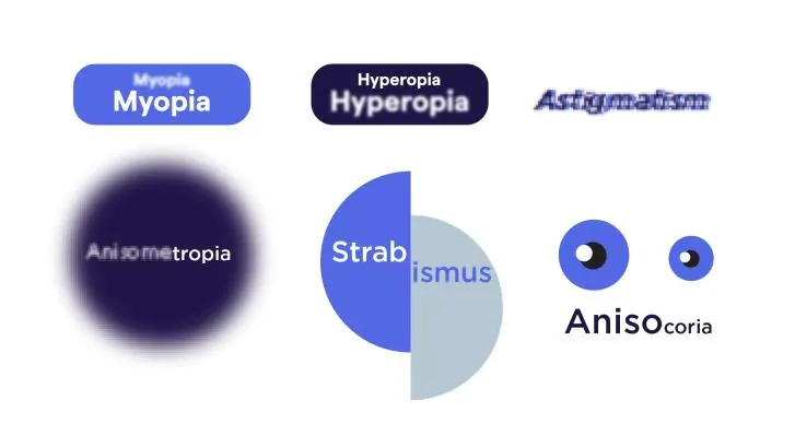 Graphic explaining the six risk factors of amblyopia. Myopia, Hyperopia, Astigmatism, Anisometropia, Strabismus and Anisocoria