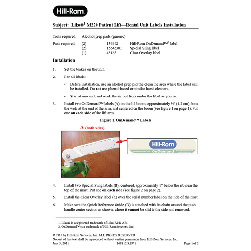Instruction Sheet, Liko M220 Rental Labls Inst