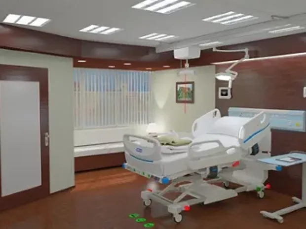 Mockup of a room with a hospital bed