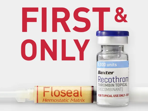 A syringe of Floseal hemostatic matrix and a vial of Recothrom